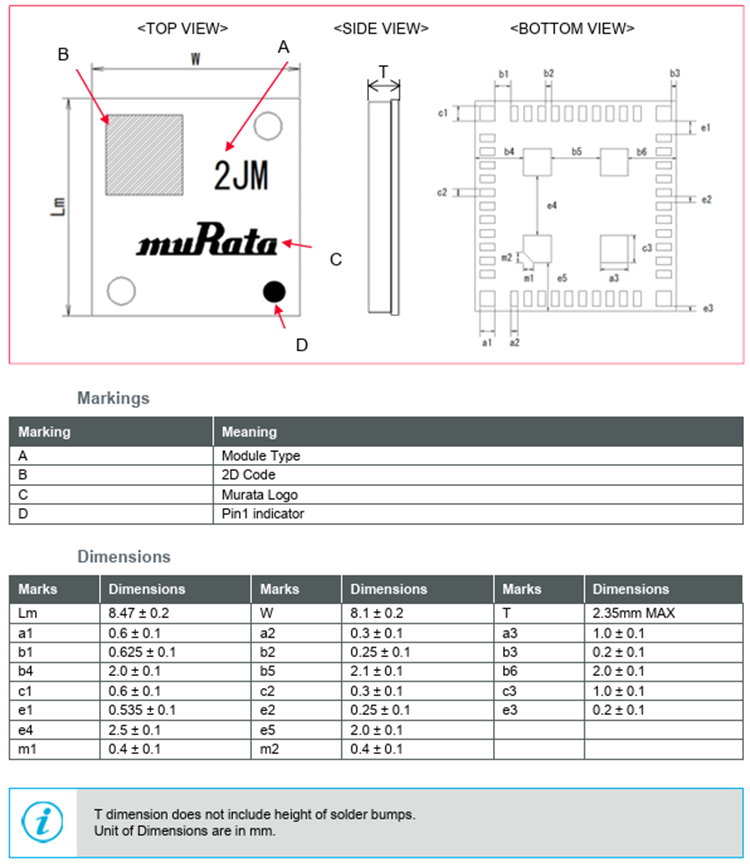 Mechanical Drawing - Murata Electronics Type 2JM Wi-Fi™ Module